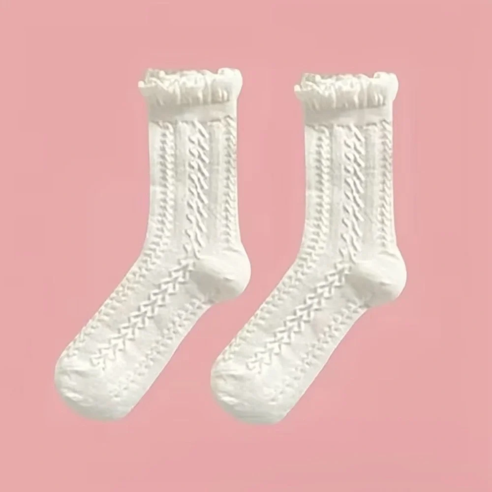 5-Pack Women's Socks, White Lace Mid-Calf Sweet Tulip Pink Embroidered Socks Set